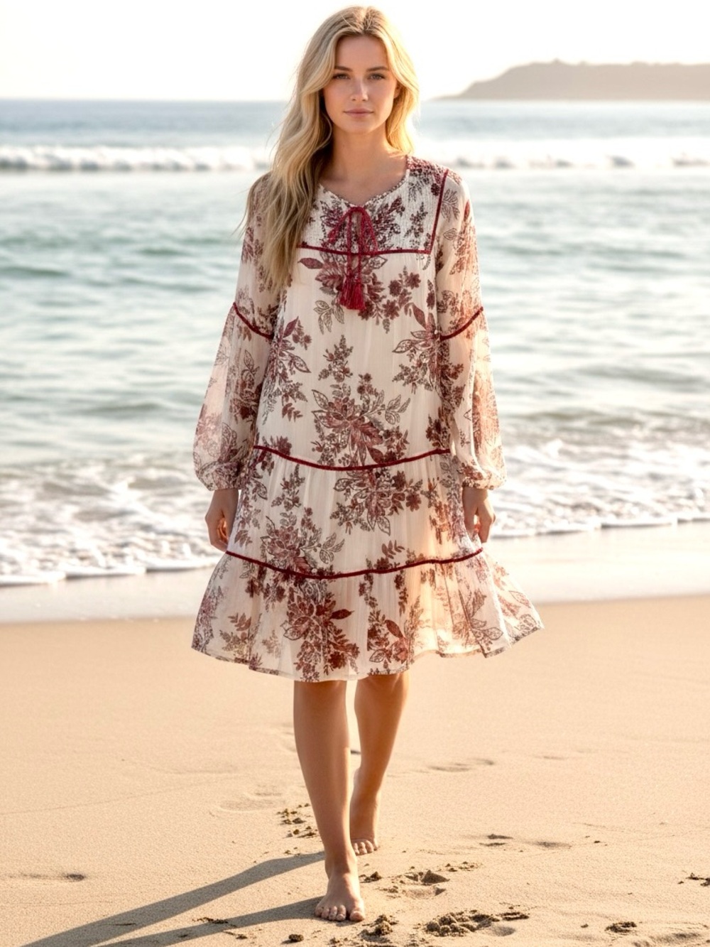 Great Jones Boho medium Floral Tie-Neck Dress in Ivory and Burgundy